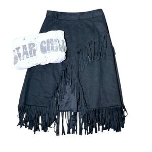 🌵Black Suede Fringe Western MIDI Skirt Size Large🌵
